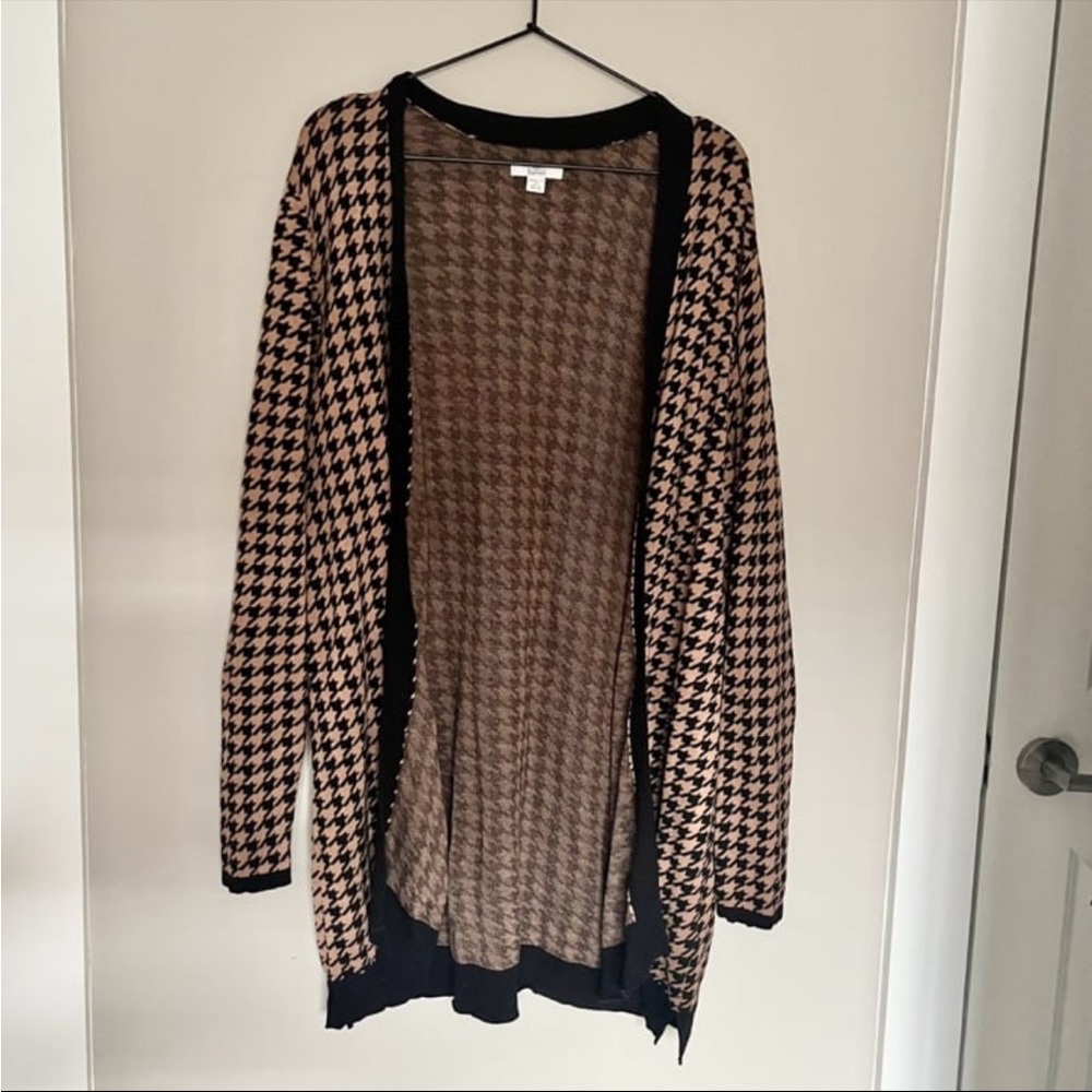 🎁3/$30 Croft & Barrow Long Open Front Cardigan Black Brown Houndstooth Size 2X